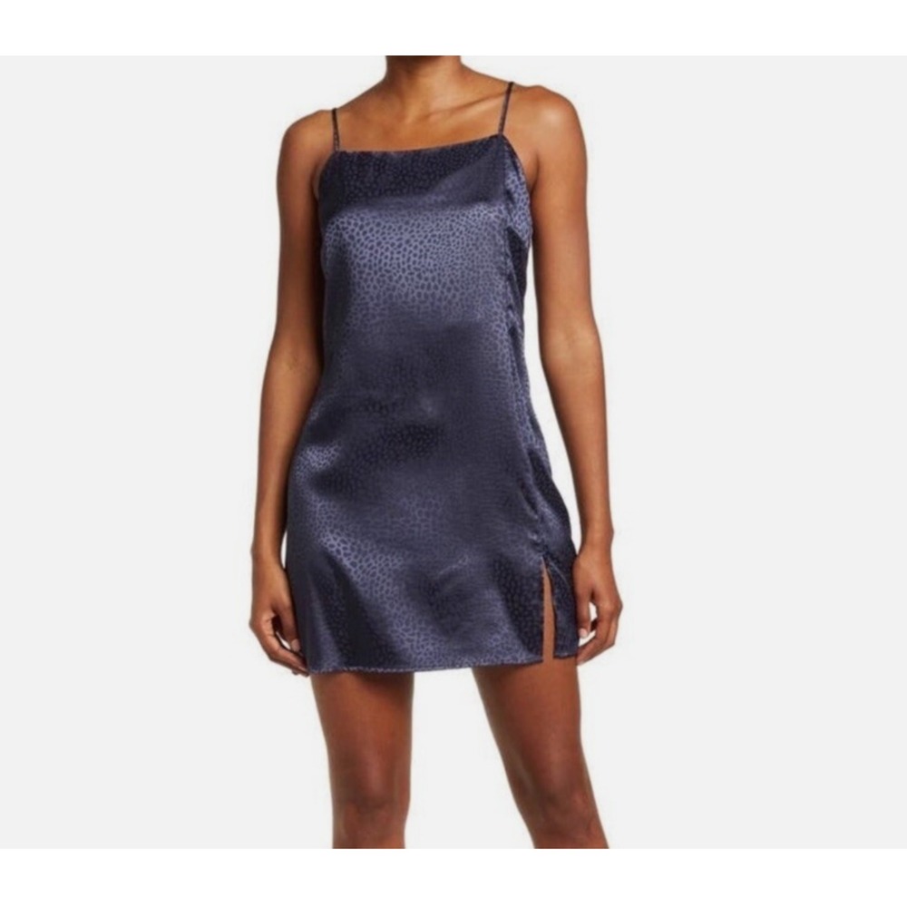 Sophie Rue Nordstrom Slip Dress Slit Size XL Navy Blue Leopard Embossed